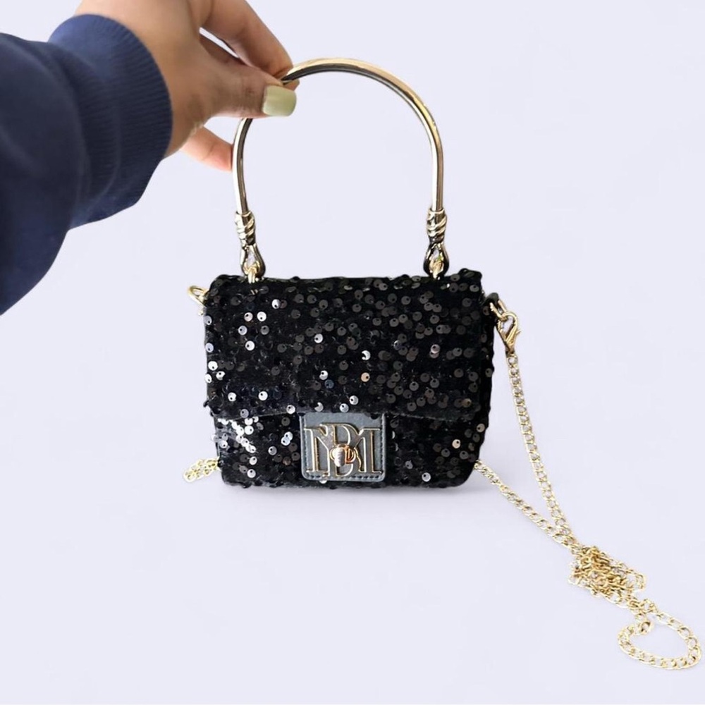 Badgley Mischka Black Sequin Mini Evening Bag with Gold Accents NWOT